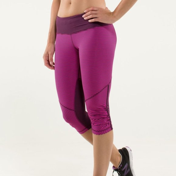 Lululemon Run For Your Life Raspberry Pink Stripe Cropped Athletic Leggings - Picture 1 of 10
